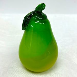 Vintage hand blown glass pear with applied glass stem and leaf